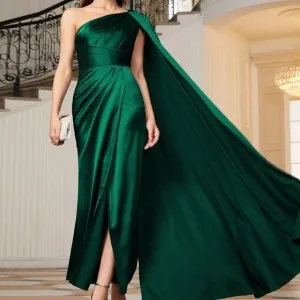 One Shoulder Cloak Sleeve Wrap Hem Solid Bridesmaid Dark Green