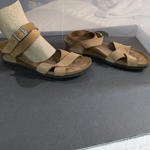 Papillio for Birkenstock 40 brown leather/suede ankle wrap buckle cork sandals
