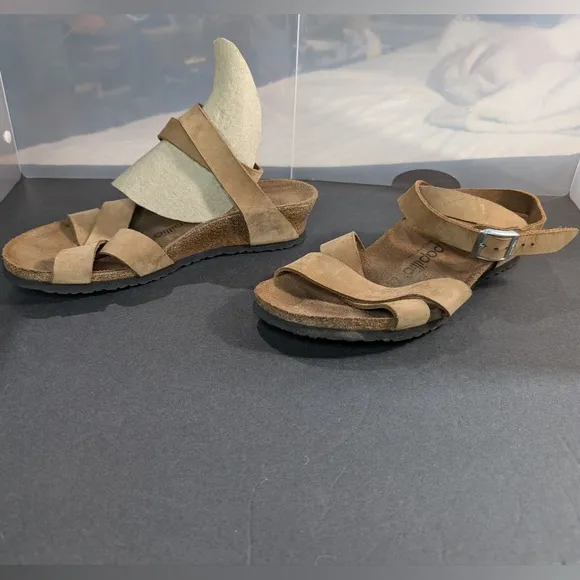 Papillio for Birkenstock 40 brown leather/suede ankle wrap buckle cork sandals
