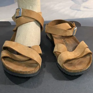 Papillio for Birkenstock 40 brown leather/suede ankle wrap buckle cork sandals