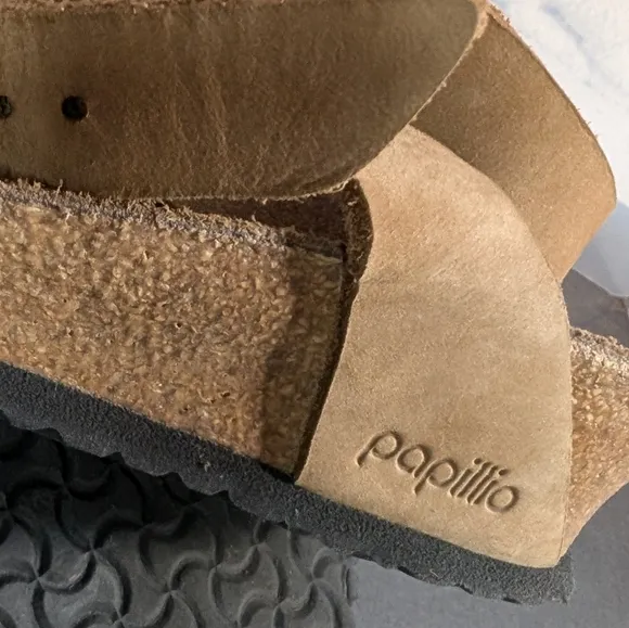 Papillio for Birkenstock 40 brown leather/suede ankle wrap buckle cork sandals