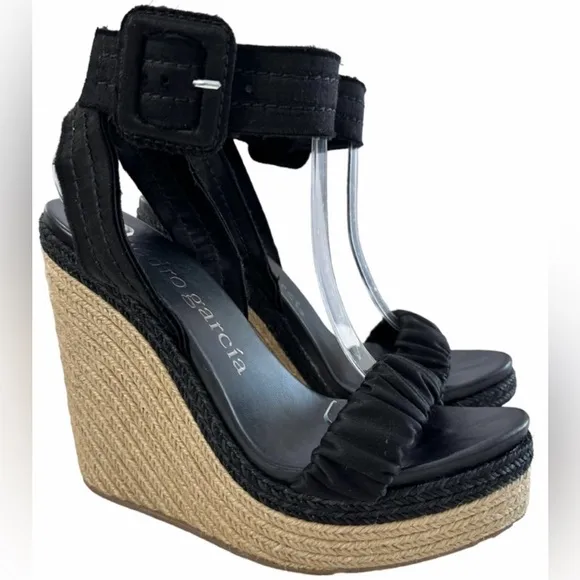 PEDRO GARCIA Teodora Satin Espadrille Wedge Sandals Black 38