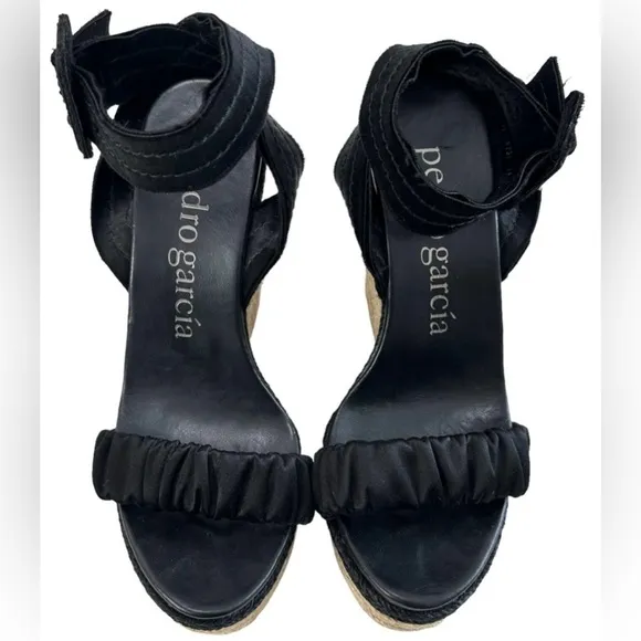 PEDRO GARCIA Teodora Satin Espadrille Wedge Sandals Black 38