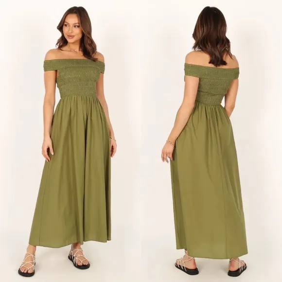 Petal &amp; Pup Tessa Off Shoulder Midi Dress in Olive