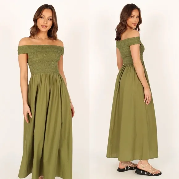 Petal &amp; Pup Tessa Off Shoulder Midi Dress in Olive
