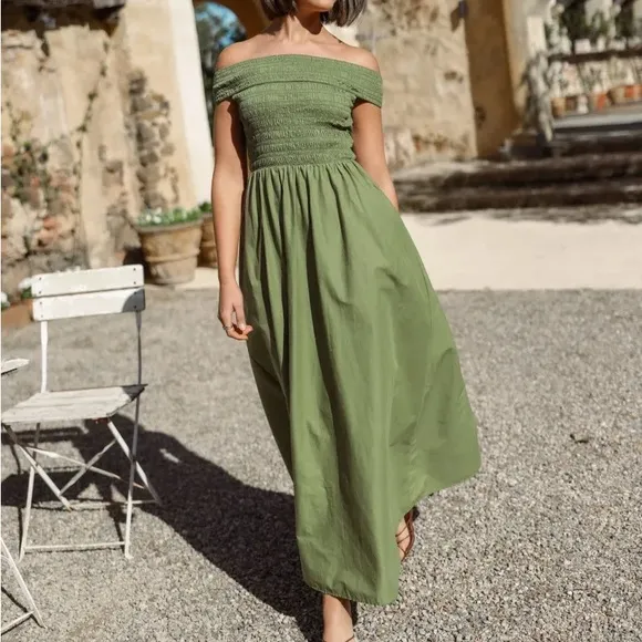 Petal &amp; Pup Tessa Off Shoulder Midi Dress in Olive