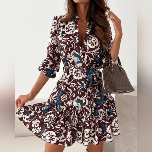 Petal Drift Long Sleeve Dress - Chocolate