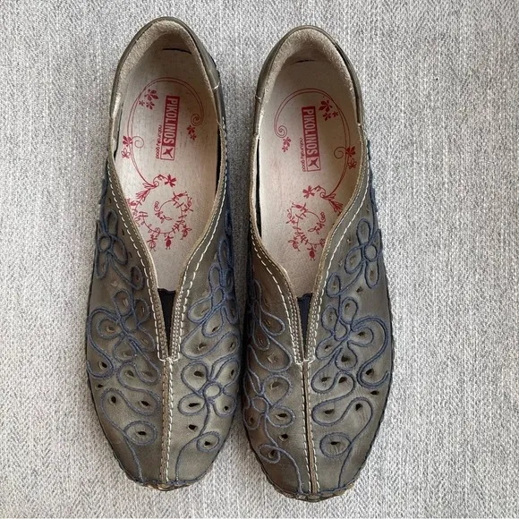 Pikolinos Leather Slip On Flats Perforated Embroidered Comfort Non-Slip 9/9.5