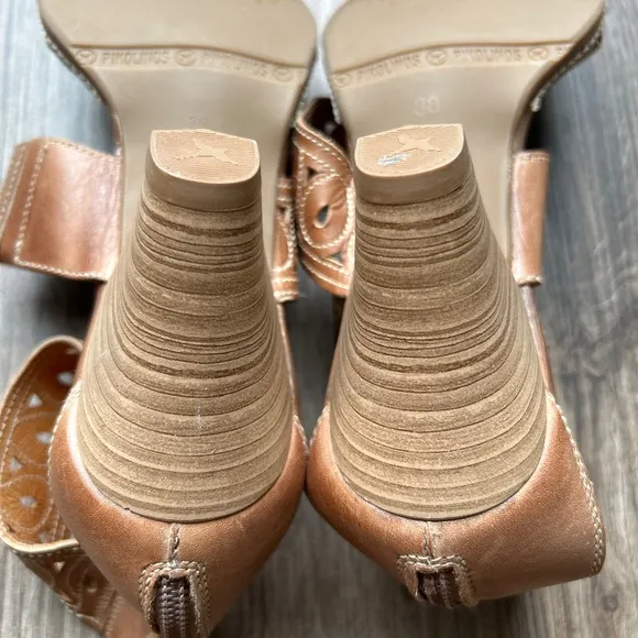 Pikolinos Tan Leather Ankle Wrap Kitten Heel Sandals |