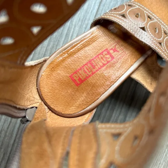 Pikolinos Tan Leather Ankle Wrap Kitten Heel Sandals |