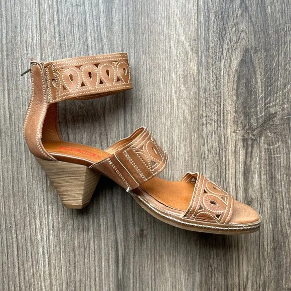 Pikolinos Tan Leather Ankle Wrap Kitten Heel Sandals |