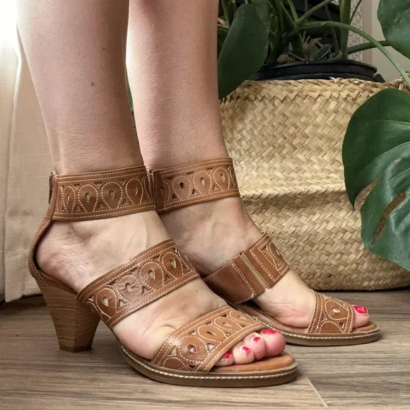 Pikolinos Tan Leather Ankle Wrap Kitten Heel Sandals |