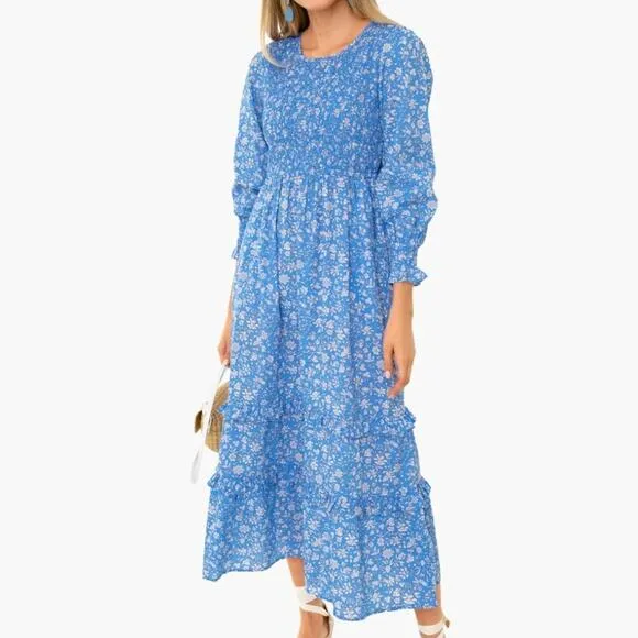 PINK CITY PRINTS Tuckernuck Cornflower Lolita Isabel Dress Blue Smocked Midi Sm