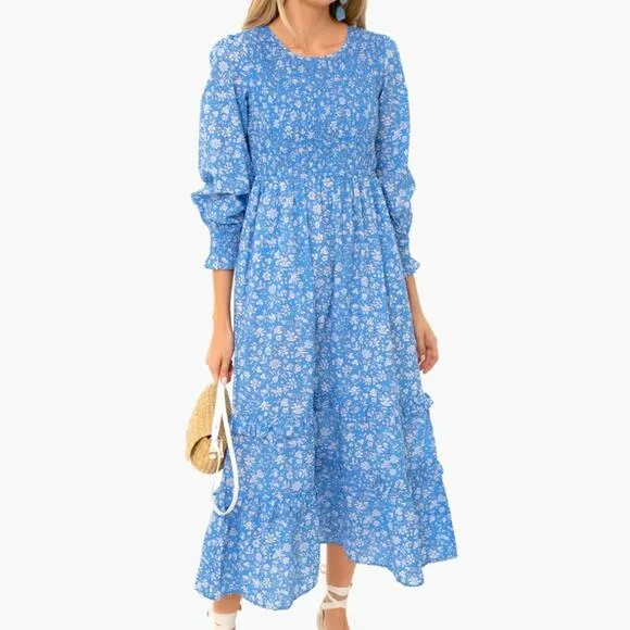 PINK CITY PRINTS Tuckernuck Cornflower Lolita Isabel Dress Blue Smocked Midi Sm