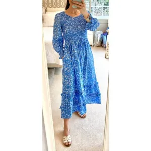 PINK CITY PRINTS Tuckernuck Cornflower Lolita Isabel Dress Blue Smocked Midi Sm