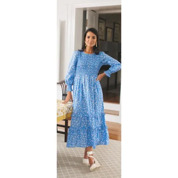 Pink City Prints Tuckernuck Cornflower Lolita Isabel Dress Blue Smocked Midi XS