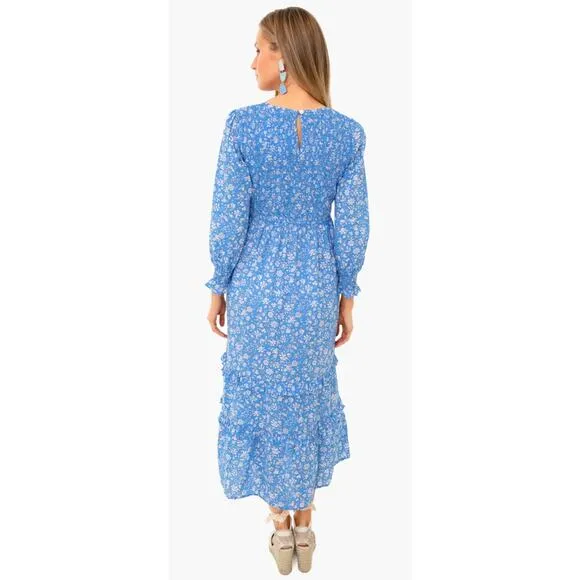 Pink City Prints Tuckernuck Cornflower Lolita Isabel Dress Blue Smocked Midi XS