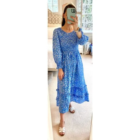 Pink City Prints Tuckernuck Cornflower Lolita Isabel Dress Blue Smocked Midi XS