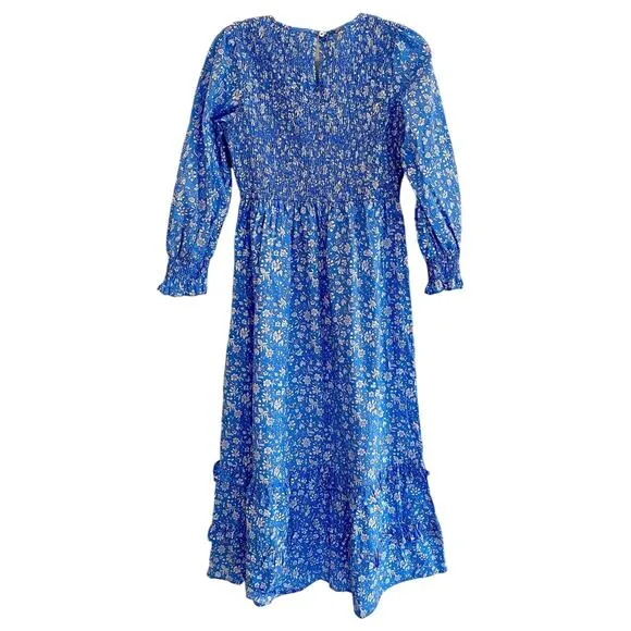 Pink City Prints Tuckernuck Cornflower Lolita Isabel Dress Blue Smocked Midi XS