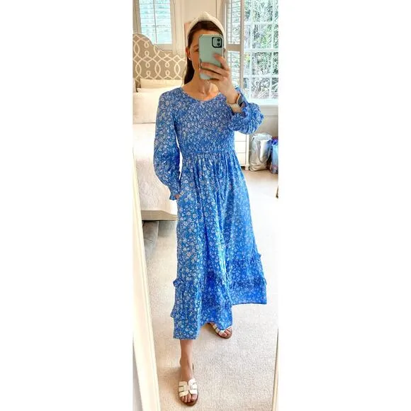 Pink City Prints Tuckernuck Cornflower Lolita Isabel Dress Blue Smocked Midi XS