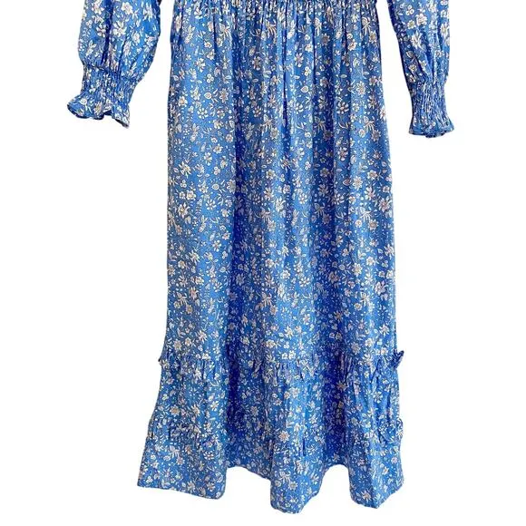 Pink City Prints Tuckernuck Cornflower Lolita Isabel Dress Blue Smocked Midi XS