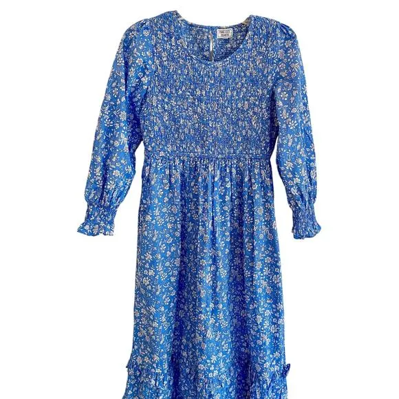 Pink City Prints Tuckernuck Cornflower Lolita Isabel Dress Blue Smocked Midi XS
