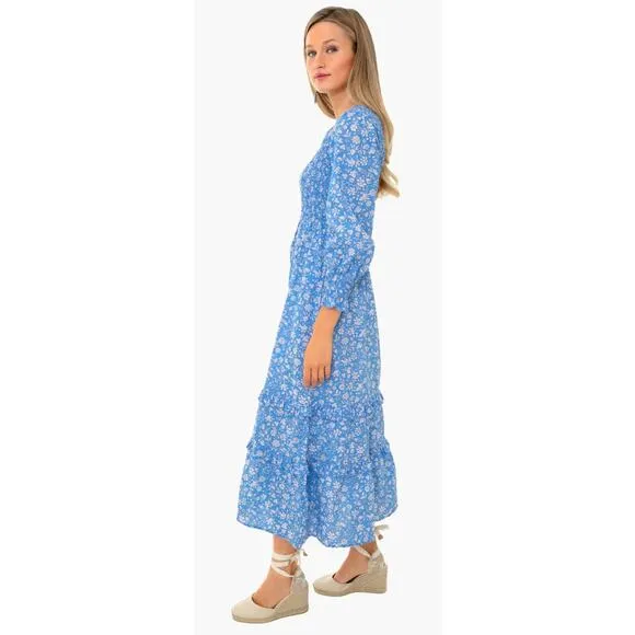 Pink City Prints Tuckernuck Cornflower Lolita Isabel Dress Blue Smocked Midi XS
