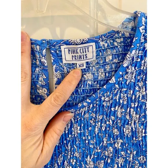 Pink City Prints Tuckernuck Cornflower Lolita Isabel Dress Blue Smocked Midi XS