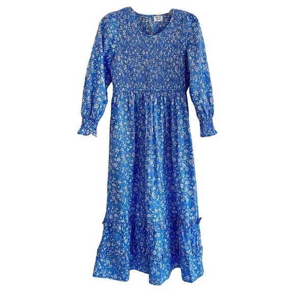 Pink City Prints Tuckernuck Cornflower Lolita Isabel Dress Blue Smocked Midi XS