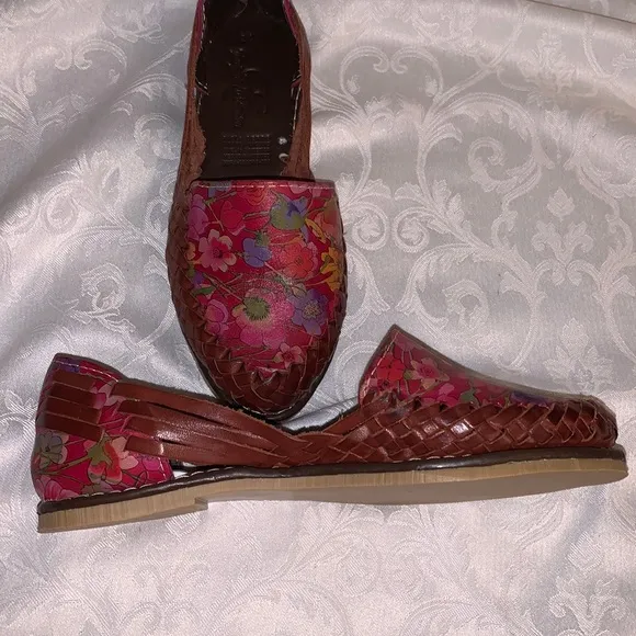 Pink floral, leather handmade flats, NWOT