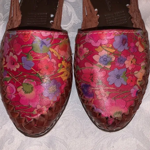Pink floral, leather handmade flats, NWOT