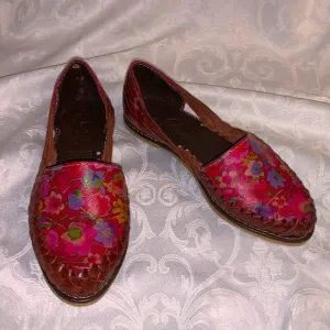 Pink floral, leather handmade flats, NWOT