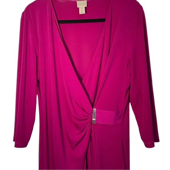 Pink Fuchsia Long 3/4 Sleeve Deep V Wrap Bethany Dress Chico's Size 2