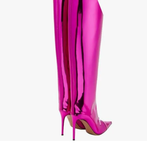 Pink Metallic Boots for Women Pointed Toe Stiletto High Heel Knee High Boots