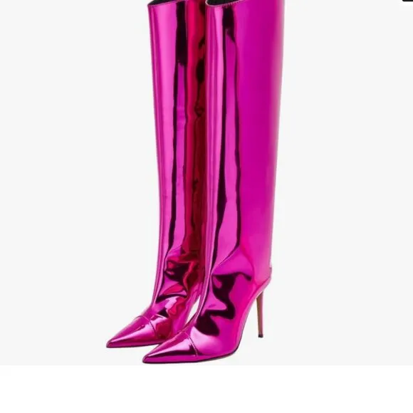 Pink Metallic Boots for Women Pointed Toe Stiletto High Heel Knee High Boots