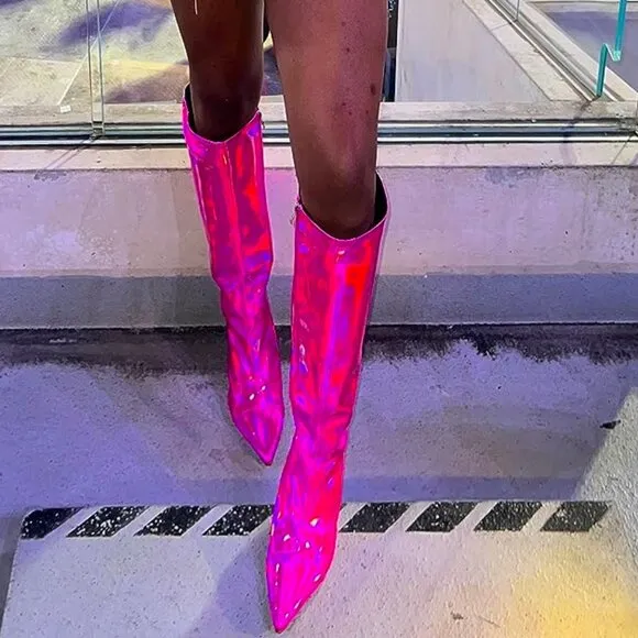 Pink Metallic Boots for Women Pointed Toe Stiletto High Heel Knee High Boots