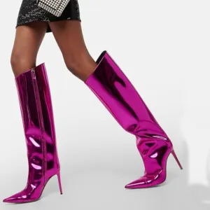 Pink Metallic Boots for Women Pointed Toe Stiletto High Heel Knee High Boots