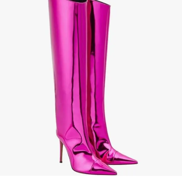 Pink Metallic Boots for Women Pointed Toe Stiletto High Heel Knee High Boots