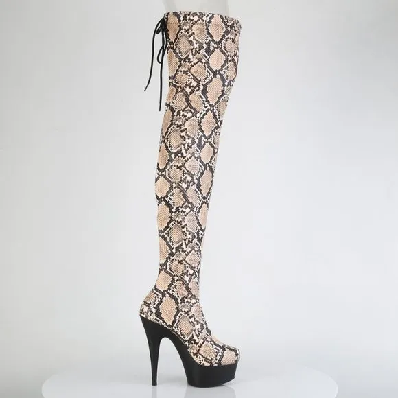Platform Snake Print Heel Pull On Thigh High Boots