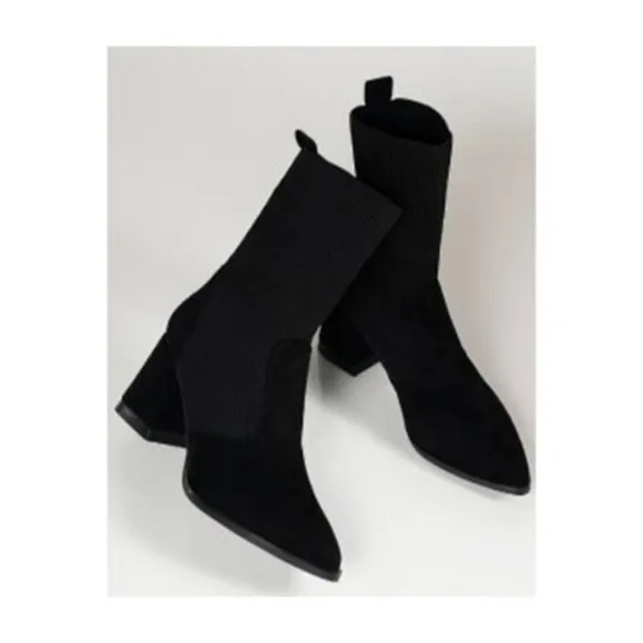 Pointed Socks Thin Boots Woven High Heels Suede Black Size 6