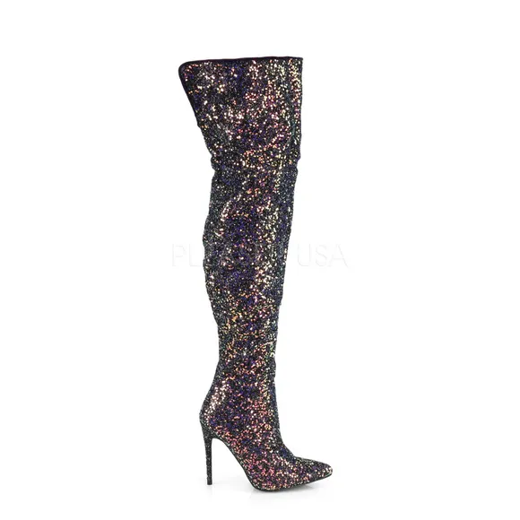 Pointed Toe Glitter Thigh High Heel Boots