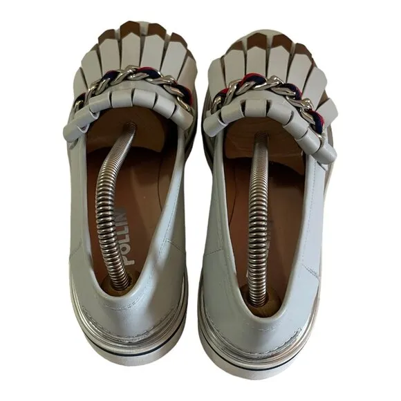Pollini Size 39 Leather Moccasin Loafers Gray Fringe Chain Slip On Shoes