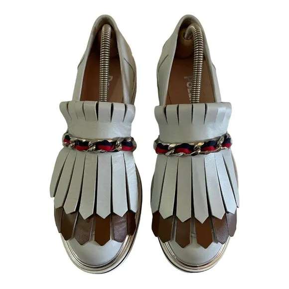 Pollini Size 39 Leather Moccasin Loafers Gray Fringe Chain Slip On Shoes