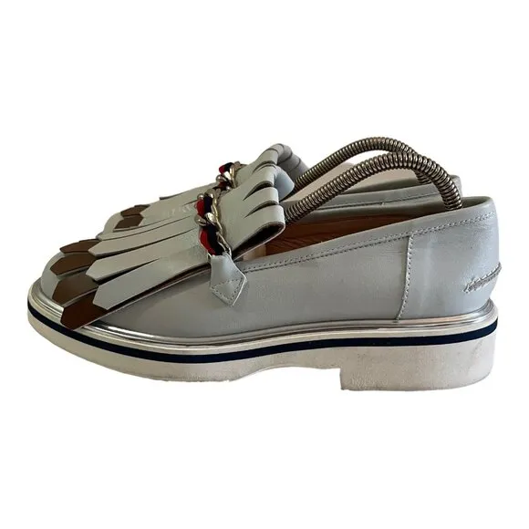 Pollini Size 39 Leather Moccasin Loafers Gray Fringe Chain Slip On Shoes