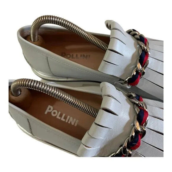 Pollini Size 39 Leather Moccasin Loafers Gray Fringe Chain Slip On Shoes