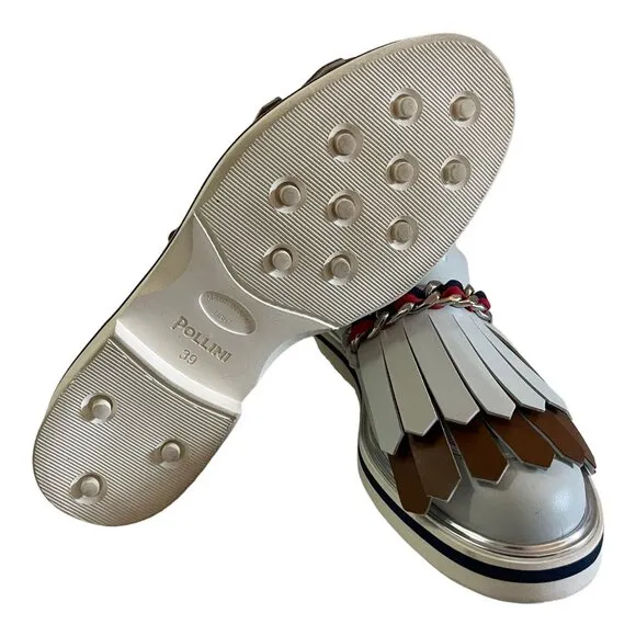 Pollini Size 39 Leather Moccasin Loafers Gray Fringe Chain Slip On Shoes