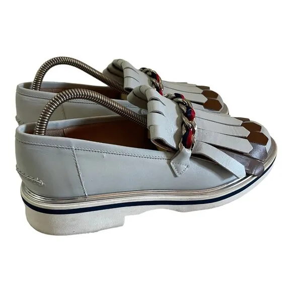Pollini Size 39 Leather Moccasin Loafers Gray Fringe Chain Slip On Shoes