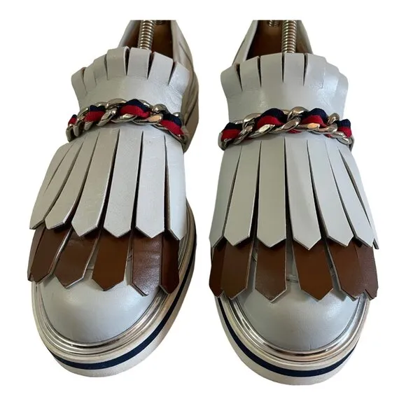 Pollini Size 39 Leather Moccasin Loafers Gray Fringe Chain Slip On Shoes