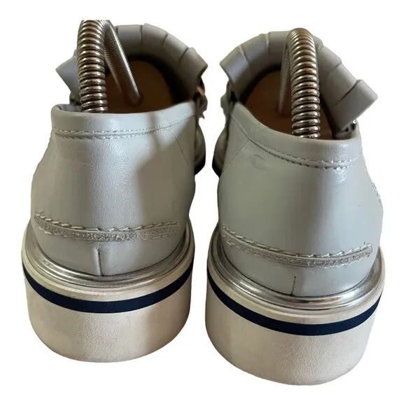 Pollini Size 39 Leather Moccasin Loafers Gray Fringe Chain Slip On Shoes