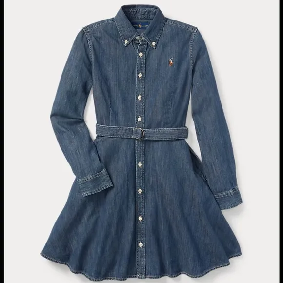 Polo Ralph Lauren Girls' Long Sleeve Button Denim Shirt Dress - No Belt